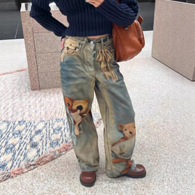 Acne Studios 1981 Teddy Bear 3D Print Wide-Leg Jeans-5928  